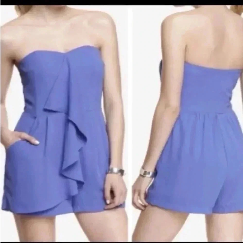 Express Feminine Chic Blue Lavender Front Ruffles Strapless Romper Size 0 XS